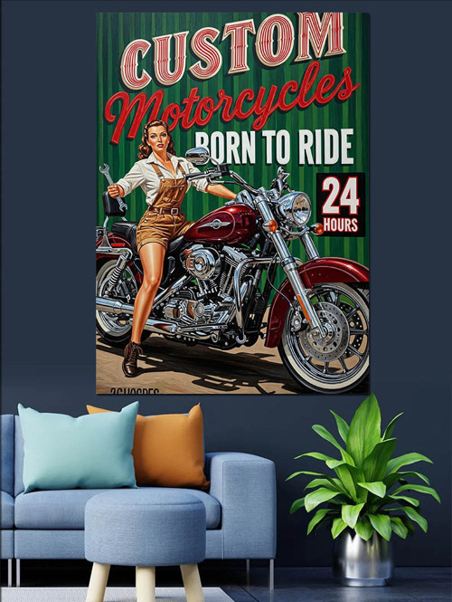 Motosikletli Pinup Kadın Posteri Dekoratif Kanvas - Mdf Ahşap Tablo
