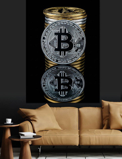 Üst Üste Bitcoin Paraları Dekoratif Kanvas - Mdf Ahşap Tablo
