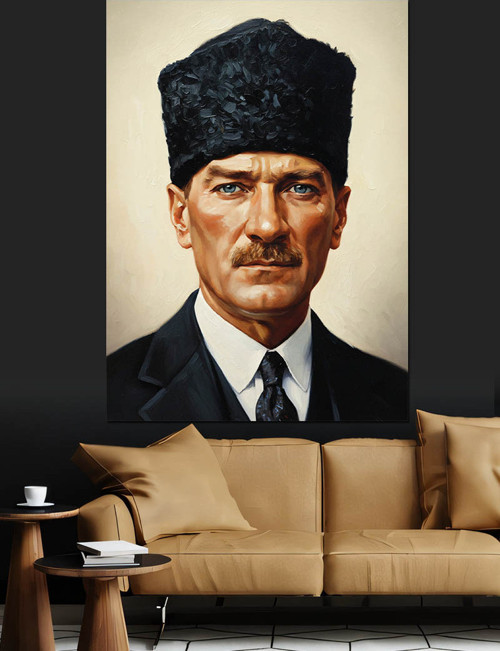 Kalpaklı Atatürk Portre Fotoğrafı Dekoratif Kanvas - Mdf Ahşap Tablo