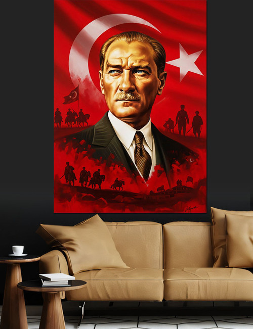 Kırmızı Zemin Atatürk Portresi Dekoratif Kanvas - Mdf Ahşap Tablo