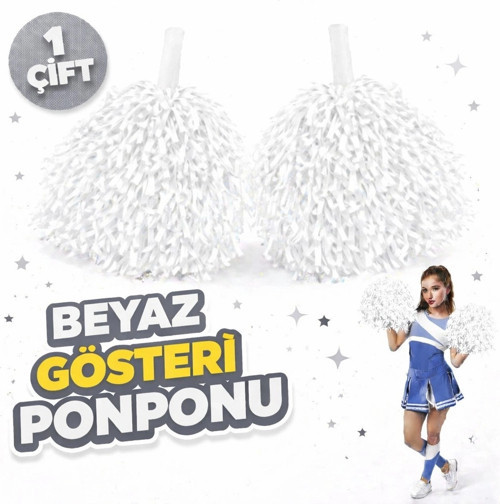 1 Çift ( 2 Adet ) Beyaz Renk 23 Nisan 19 Mayıs 29 Ekim Okul Gösteri Ponponları Ekstra Dolgun