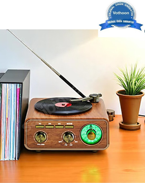 Nostaljik Tasarım Plak Çalar Görünümlü Radyolu Bluetooth Hoparlör Retro Müzik Plak