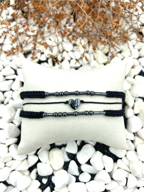 Kararmaz Hematit Doğal Taş Örgülü Mors Alfabesi Çift Sevgili Bilekliği 3 Adet Antrasit Renk