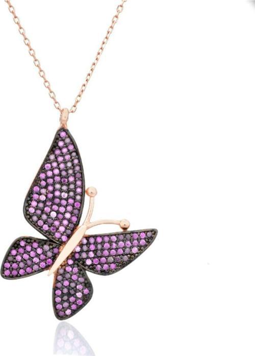 Ametist Işıltılı Büyük Kelebek Kadın Gümüş Kolye
