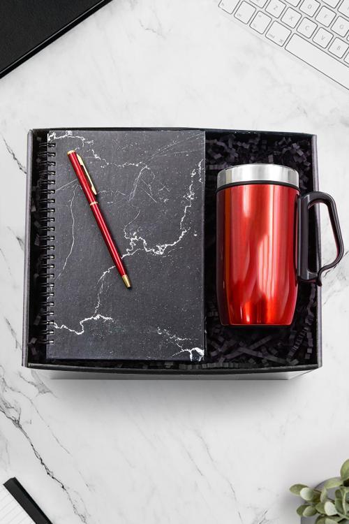 280 Ml Kulplu Kırmızı Çelik Termos & Kırmızı Tükenmez Kalem & Mermer Desenli Defter Hediye Seti