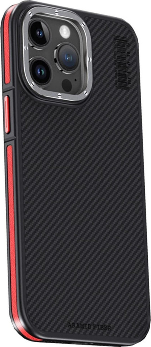 Joko İphone 15 Pro Max Kılıf Aramid 600d Kevlar Karbon Fiber Magsafe Kapak - Kırmızı