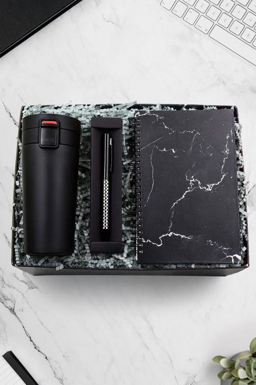 350 Ml Kilitli Siyah Termos & Mermer Desenli Defter & Dama Detaylı Tükenmez Kalem Hediye Seti