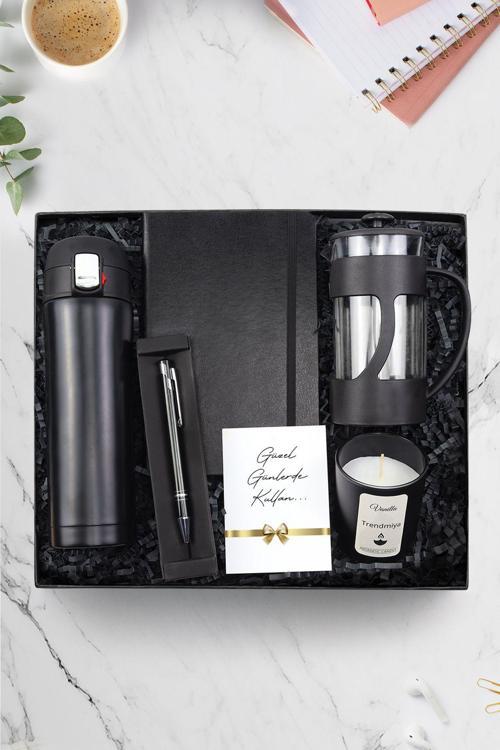 500 Ml Kilitli Termos & Siyah Defter & Siyah Tükenmez Kalem & Siyah Mum & French Press Hediye Seti
