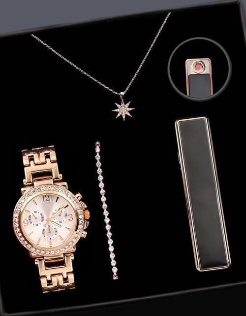 Elektronik Çakmak & Kadın Kol Saati & Taşlı Yıldız Kolye & Rose Gold Su Yolu Bileklik Hediye Seti