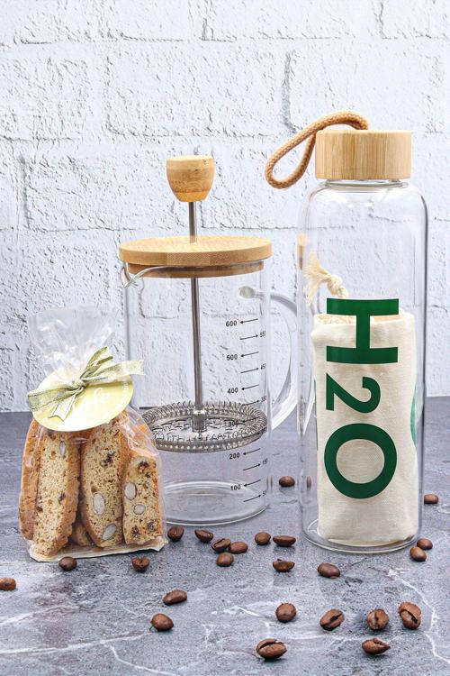Bambu Kapaklı 600 Ml Cam Matara & Bambu Kapaklı Cam French Press & Bademli Kurabiye Hediye Seti