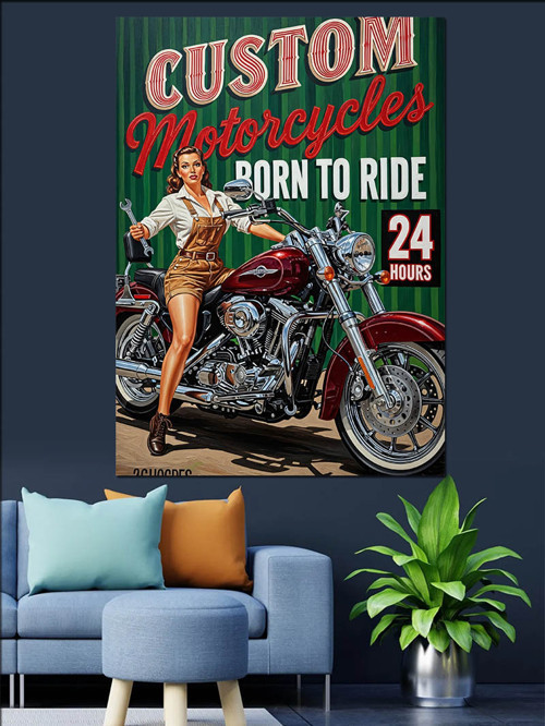 Motosikletli Pinup Kadın Posteri Dekoratif Kanvas - Mdf Ahşap Tablo