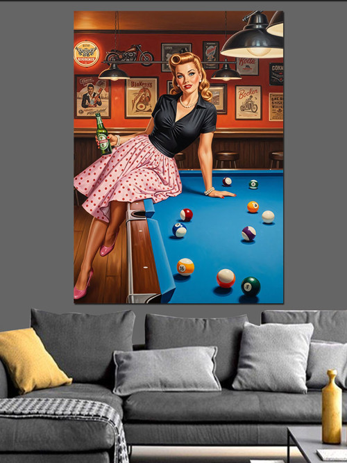 Bilardo Masasında Pinup Kadın Dekoratif Kanvas - Mdf Ahşap Tablo