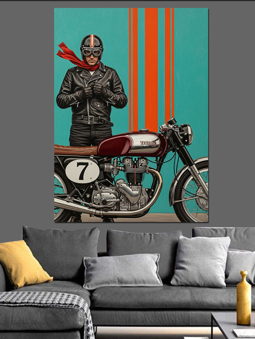 Kasklı Motorcu Ve Yarış Motoru Retro Dekoratif Kanvas - Mdf Ahşap Tablo