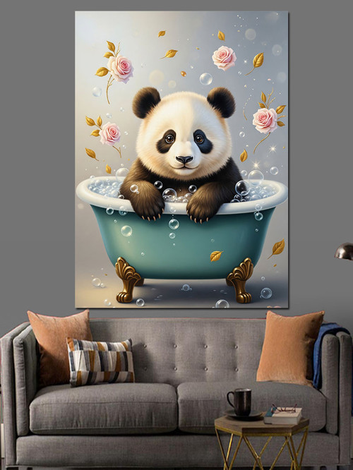 Küvette Yıkanan Panda Resmi Dekoratif Kanvas - Mdf Ahşap Tablo