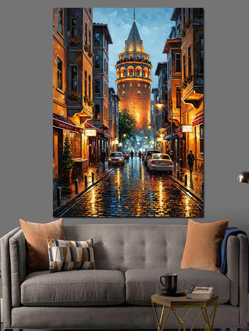 Gece Islak İstanbul Sokağı Dekoratif Kanvas - Mdf Ahşap Tablo
