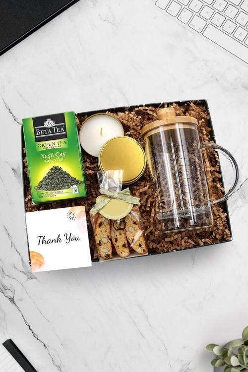 Gold Metal Mum & Bambu Kapaklı Cam French Press & Bademli Kurabiye & Beta Tea Çay Hediye Seti