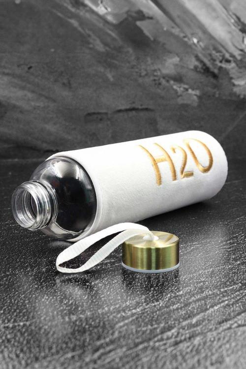 Peluş Kılıflı 600Ml Beyaz Renk Cam Matara & Gold Detaylı Siyah Tükenmez Kalem Hediye Seti