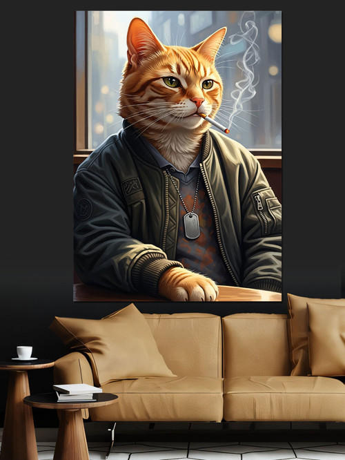 Sigara İçen Kedi Portresi Dekoratif Kanvas - Mdf Ahşap Tablo