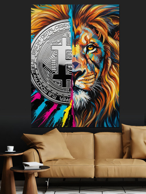 Aslan Ve Bitcoin Simgesi Dekoratif Kanvas - Mdf Ahşap Tablo