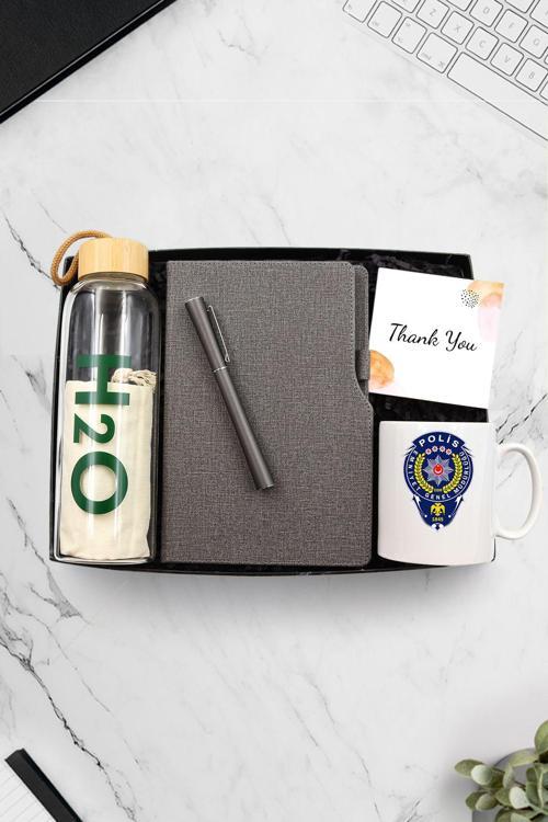 Gri Defter & Bambu Cam Matara & Gri Roller Kalem & Polislere Özel Logo Baskılı Kupa Hediye Seti