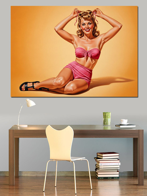 Pembe Bikinili Pin Up Kızı Dekoratif Kanvas - Mdf Ahşap Tablo
