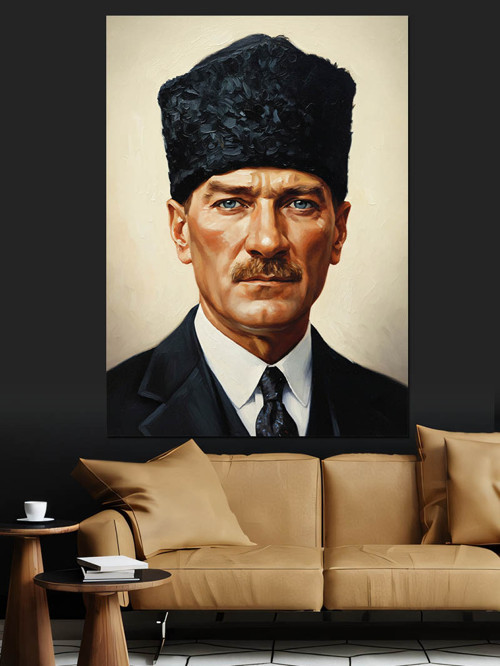 Kalpaklı Atatürk Portre Fotoğrafı Dekoratif Kanvas - Mdf Ahşap Tablo