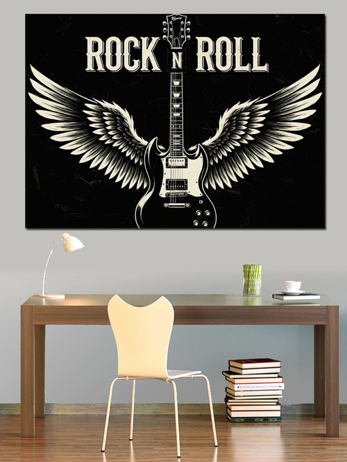 Rock 'N' Roll Kartal Kanatlı Gitar Amblemi Dekoratif Kanvas - Mdf Ahşap Tablo