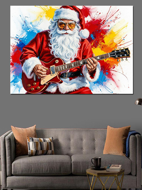 Gitar Çalan Noel Baba Renkli Sıçramalar Dekoratif Kanvas - Mdf Ahşap Tablo