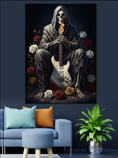 Gitar Çalan İskelet Azrail Dekoratif Kanvas - Mdf Ahşap Tablo
