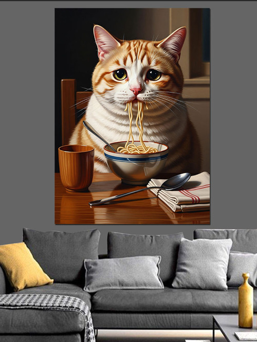 Noodle Yiyen Obur Kedi Dekoratif Kanvas - Mdf Ahşap Tablo