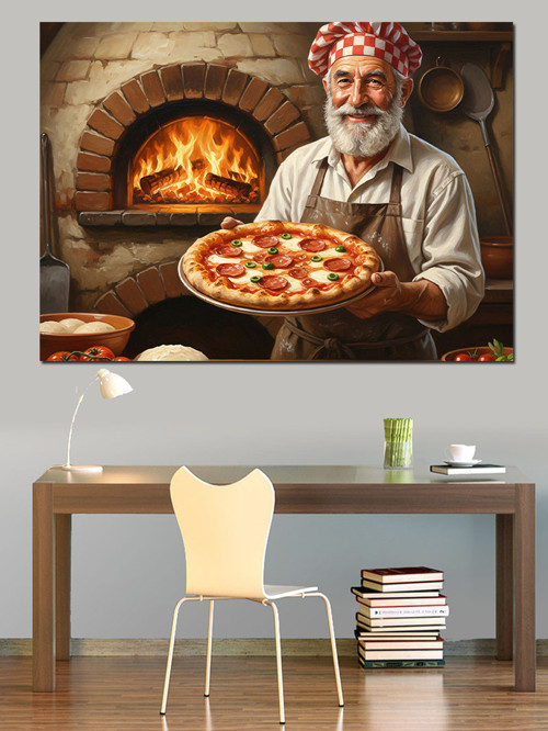 Pizza Yapan Yaşlı Fırıncı Dekoratif Kanvas - Mdf Ahşap Tablo