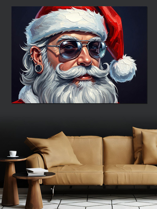 Güneş Gözlüklü Havalı Noel Baba Dekoratif Kanvas - Mdf Ahşap Tablo