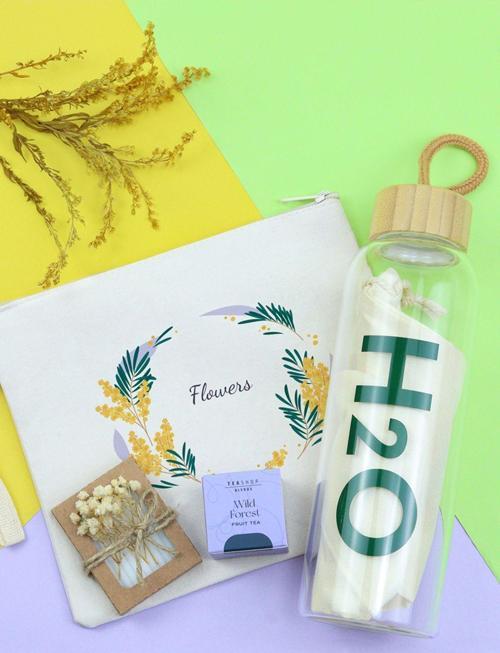 Bez El Çantası & Bambu Kapaklı Cam Matara & Teashop Bitki Çayı & Özel Kutulu Mini Sabun Hediye Seti