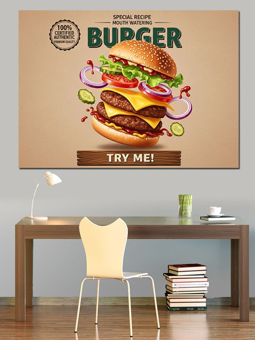 Büyük Lezzetli Burger Çizimi Dekoratif Kanvas - Mdf Ahşap Tablo