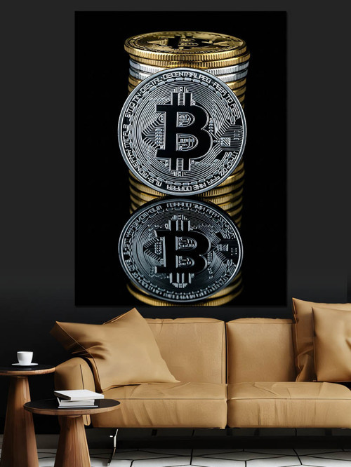 Üst Üste Bitcoin Paraları Dekoratif Kanvas - Mdf Ahşap Tablo
