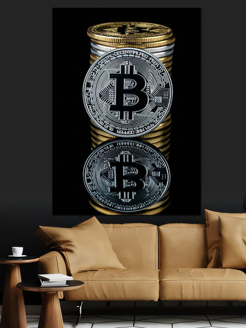 Üst Üste Bitcoin Paraları Dekoratif Kanvas - Mdf Ahşap Tablo