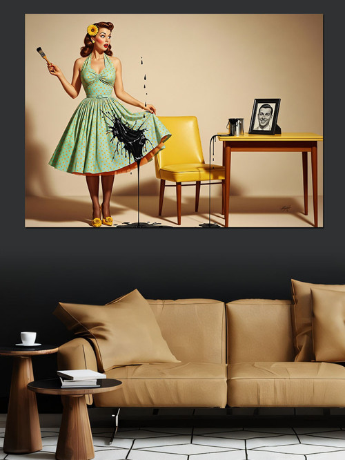 Yeşil Elbiseli Oturan Kadın Dekoratif Kanvas - Mdf Ahşap Tablo