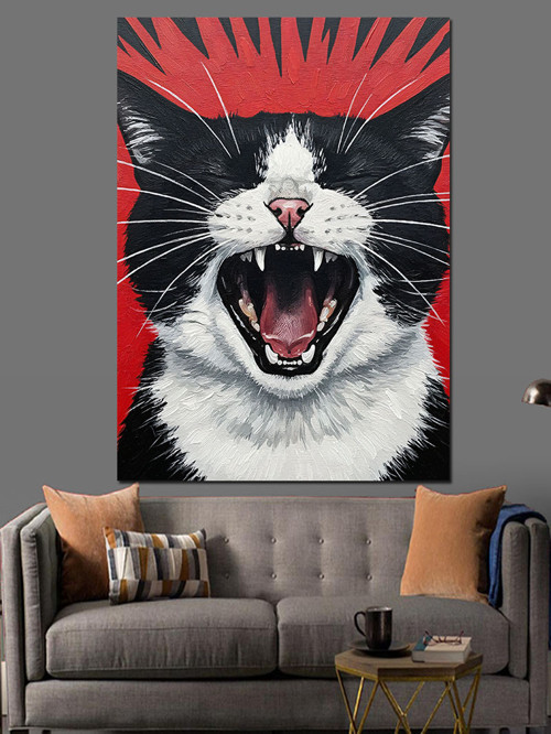 Bağıran Siyah Beyaz Kedi Posteri Dekoratif Kanvas - Mdf Ahşap Tablo