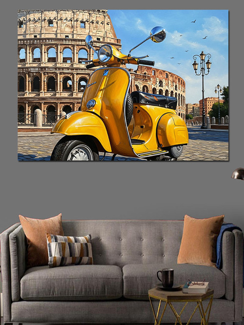 Sarı Vespa Scooter Parkta Dekoratif Kanvas - Mdf Ahşap Tablo