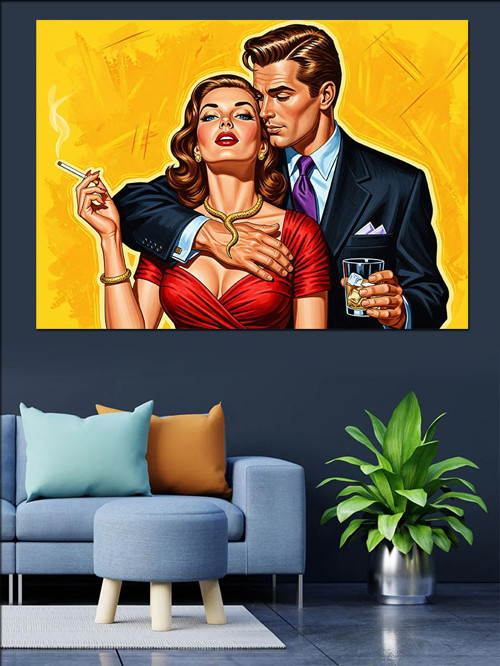 Öpüşen Retro Çift Portre Dekoratif Kanvas - Mdf Ahşap Tablo