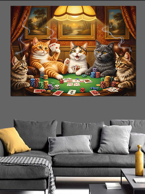Poker Oynayan Kediler Masası Dekoratif Kanvas - Mdf Ahşap Tablo