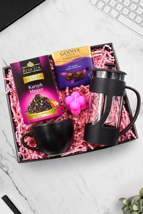 Siyah French Press-Siyah Kupa-Beta Tea Meyve Çayı-Godiva Çikolata-Mini Bubble Mum Hediye Seti