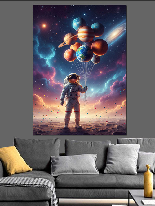 Gezegen Balonları Tutan Astronot Dekoratif Kanvas - Mdf Ahşap Tablo