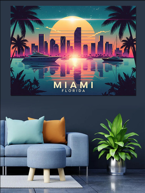 Miami Şehir Manzarası Neon Dekoratif Kanvas - Mdf Ahşap Tablo