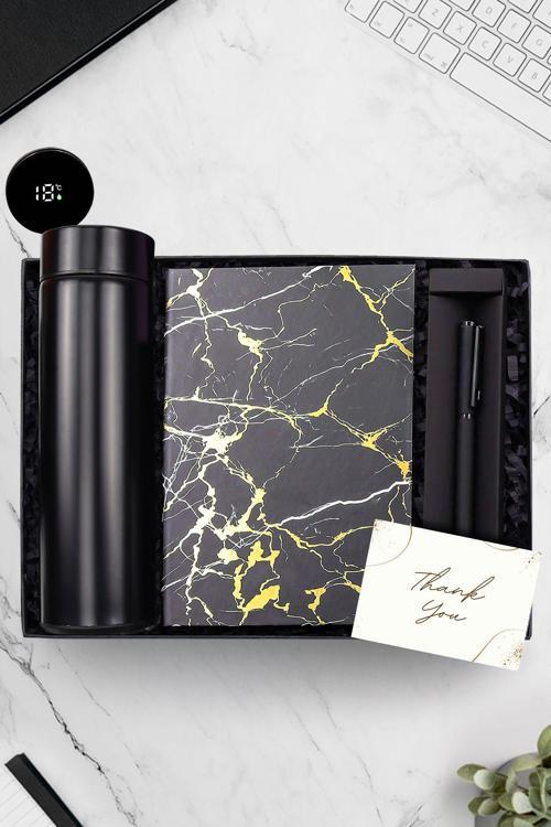 Dereceli Siyah Termos Siyah Mermer Desen Defter Siyah Roller Kalem Hediye Seti