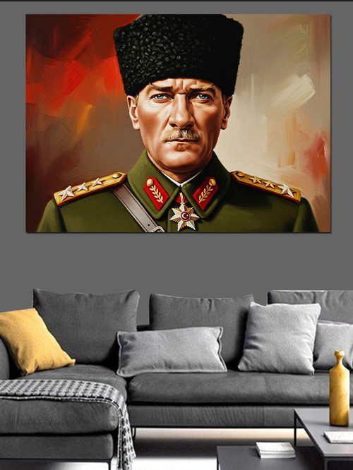 Yeşil Fonlu Atatürk Portresi Dekoratif Kanvas - Mdf Ahşap Tablo