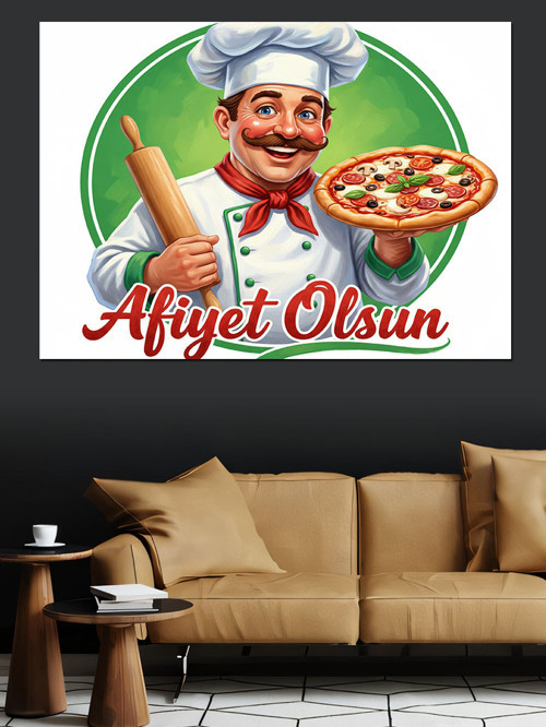 Pizza Yapan İtalyan Şef Dekoratif Kanvas - Mdf Ahşap Tablo