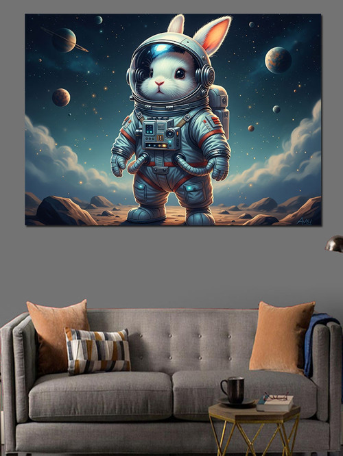 Uzaylı Tavşan Astronot Çizimi Dekoratif Kanvas - Mdf Ahşap Tablo