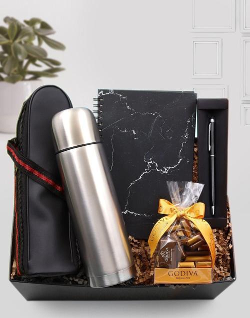 Deri Çantalı Gri Termos & Mermer Defter & Siyah Touch Pen & Godiva Napoliten Çikolata Hediye Seti
