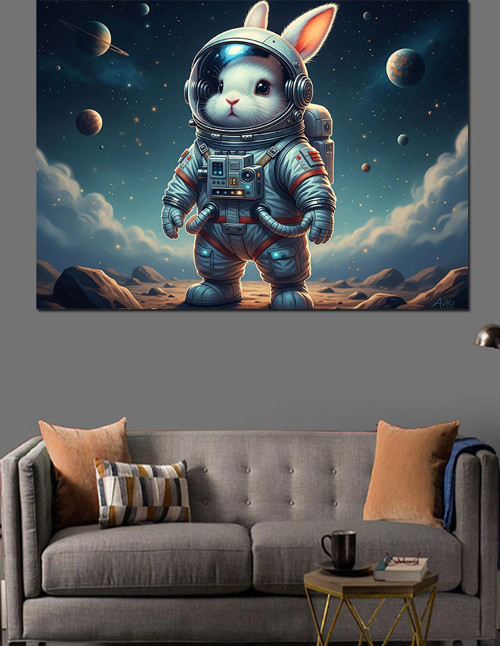 Uzaylı Tavşan Astronot Çizimi Dekoratif Kanvas - Mdf Ahşap Tablo